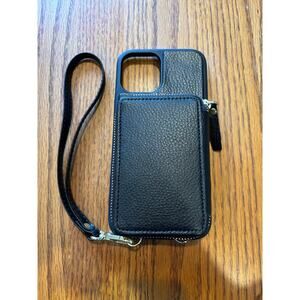 Phone case, black, wristlet, 6 1/4 x 3" card holder on back.
